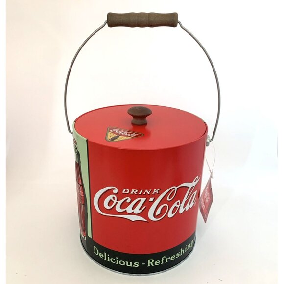 Coca Cola Metal Ice Bucket w/Handle Delicious Refreshing 7" Tall 7" Diameter Vtg - Picture 1 of 10